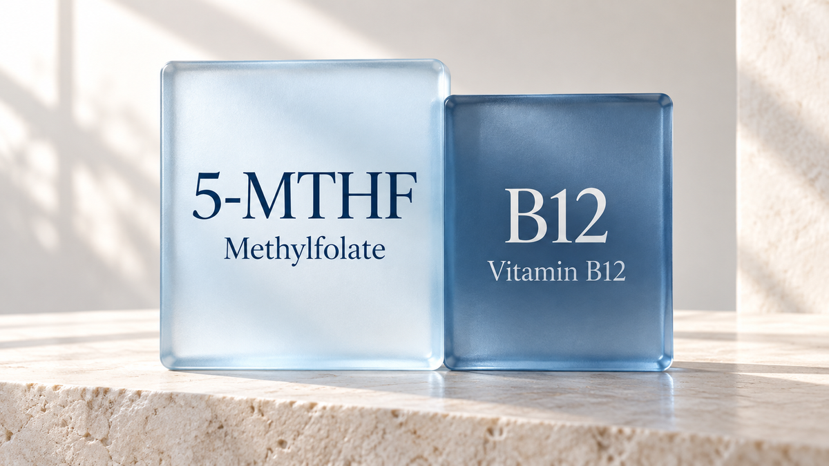 Two frosted glass blocks side by side, engraved 5-MTHF methylfolate and B12 vitamin B12.