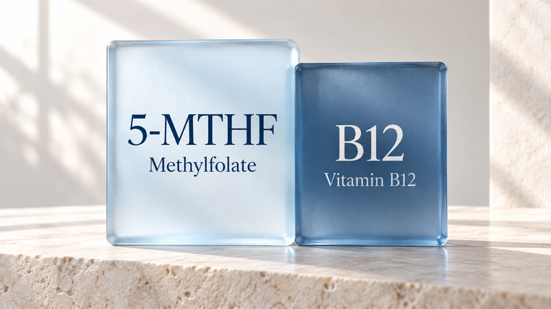 Two frosted glass blocks side by side, engraved 5-MTHF methylfolate and B12 vitamin B12.