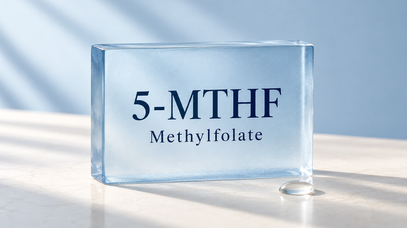 A frosted glass block engraved 5-MTHF, methylfolate, on a sunlit table.