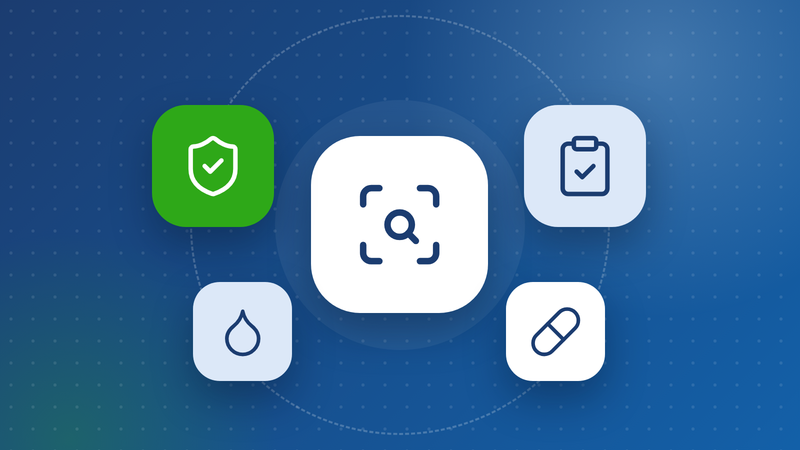 Illustration of a label scanner with a quality shield, checklist, droplet and supplement.